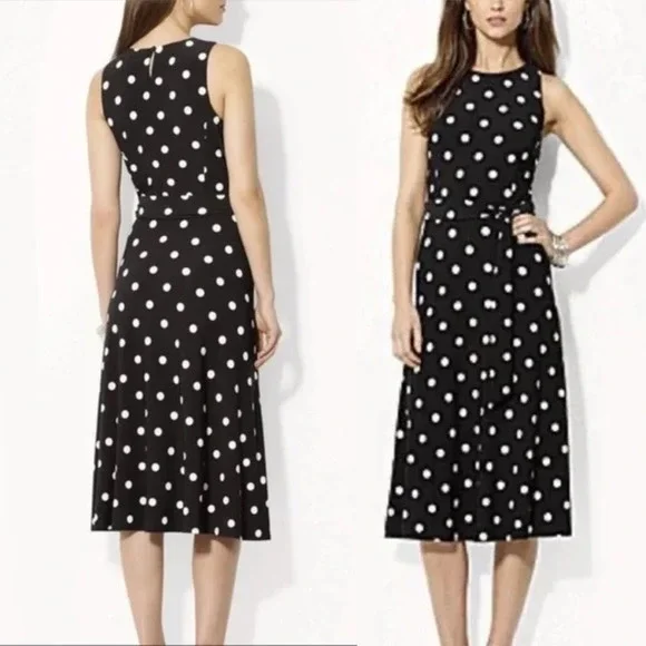 Lauren Ralph Lauren Polka Dot Sleeveless A Line Swing Dress Black Size 14 H14739 - Picture 1 of 10